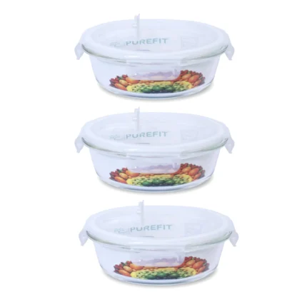 PUREFIT Borosilicate Glass Round Multipurpose Food Storage White Container 400 ml Microwave Safe Pack of 3 | Air Tight | Leak Proof | Break-Free Detachable Locks