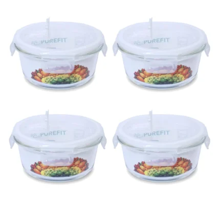 PUREFIT Borosilicate Glass Round Multipurpose Food Storage White Container 400 ml Microwave Safe Pack of 4 | Air Tight | Leak Proof | Break-Free Detachable Locks